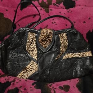 Leopard Print Black Leather Women's Bag